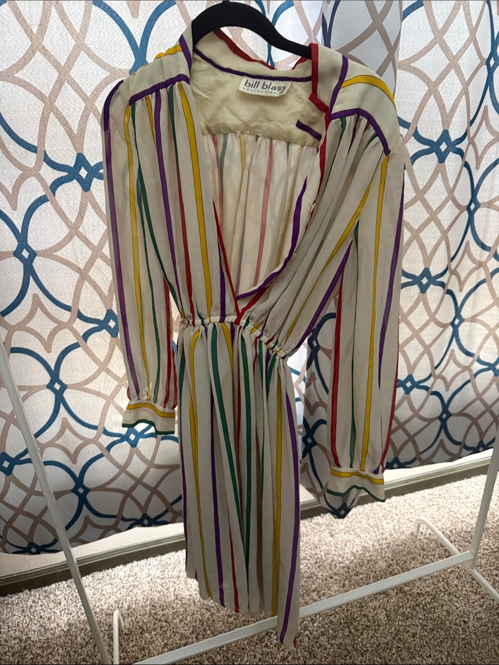 Vintage bill blass Cream Striped Long Sleeve V-Neck Dress